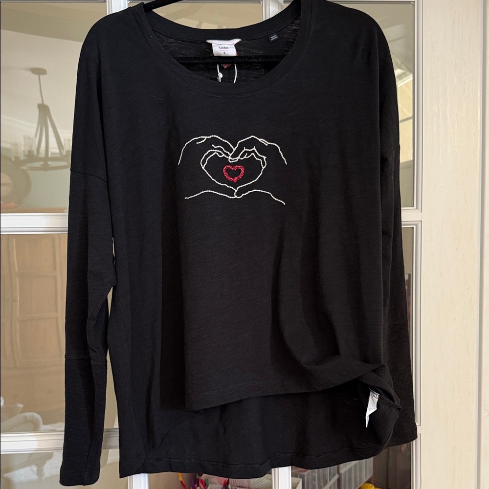 CAbi Black Long Sleeve Top with Heart Embroidery